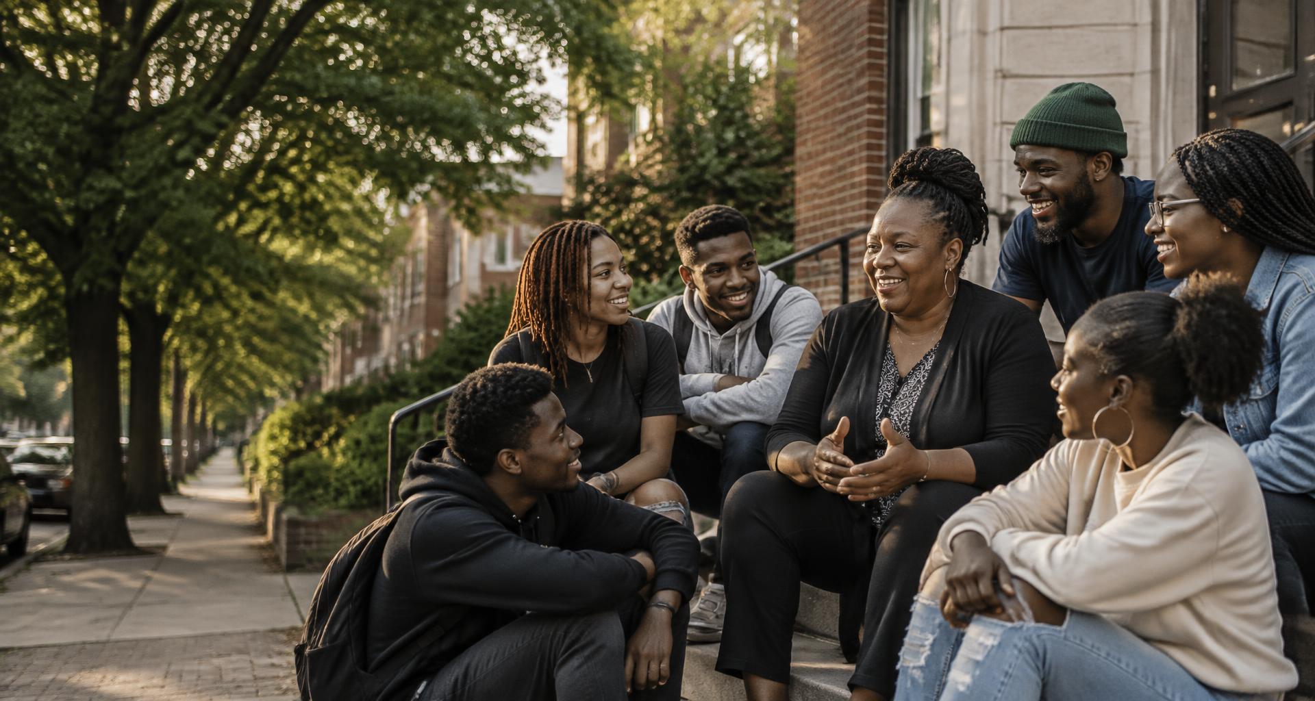 Illustration of young adults connecting with a mentor in a Baltimore neighborhood